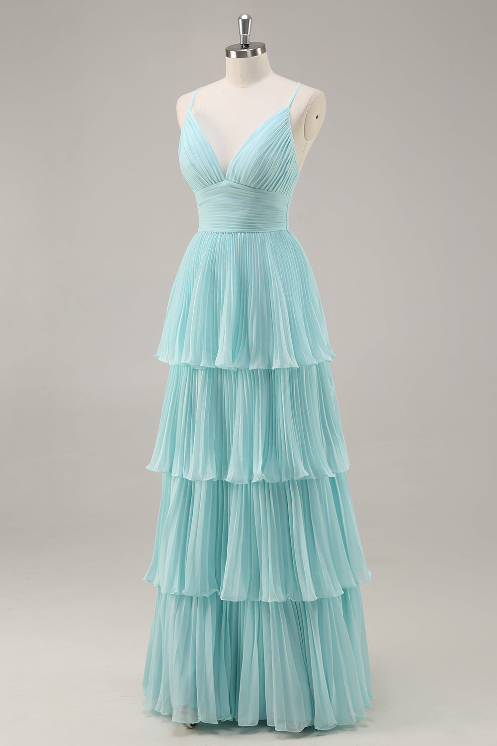 Green Chiffon A Line Tiered Pleated Long Prom Dress