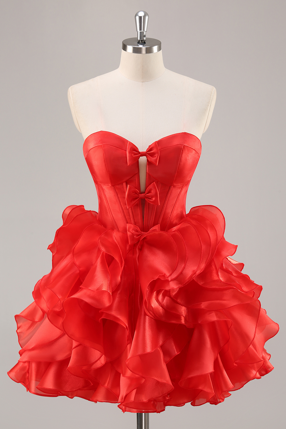 Red Organza Corset Ruffled A Line Short Homecoming Dress with Bows