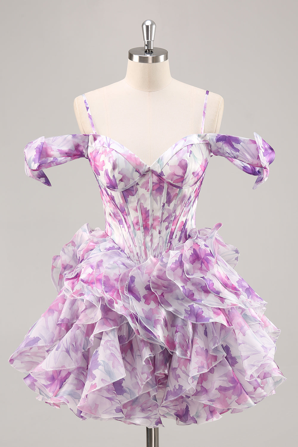 Purple Floral Chiffon Cold Shoulder Ruffled Corset Short Homecoming Dress