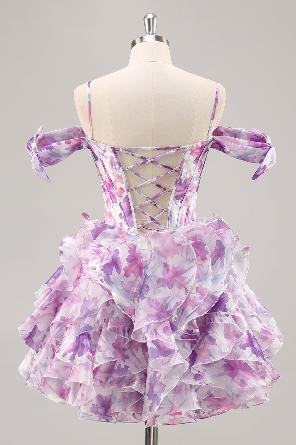 Purple Floral Chiffon Cold Shoulder Ruffled Corset Short Homecoming Dress