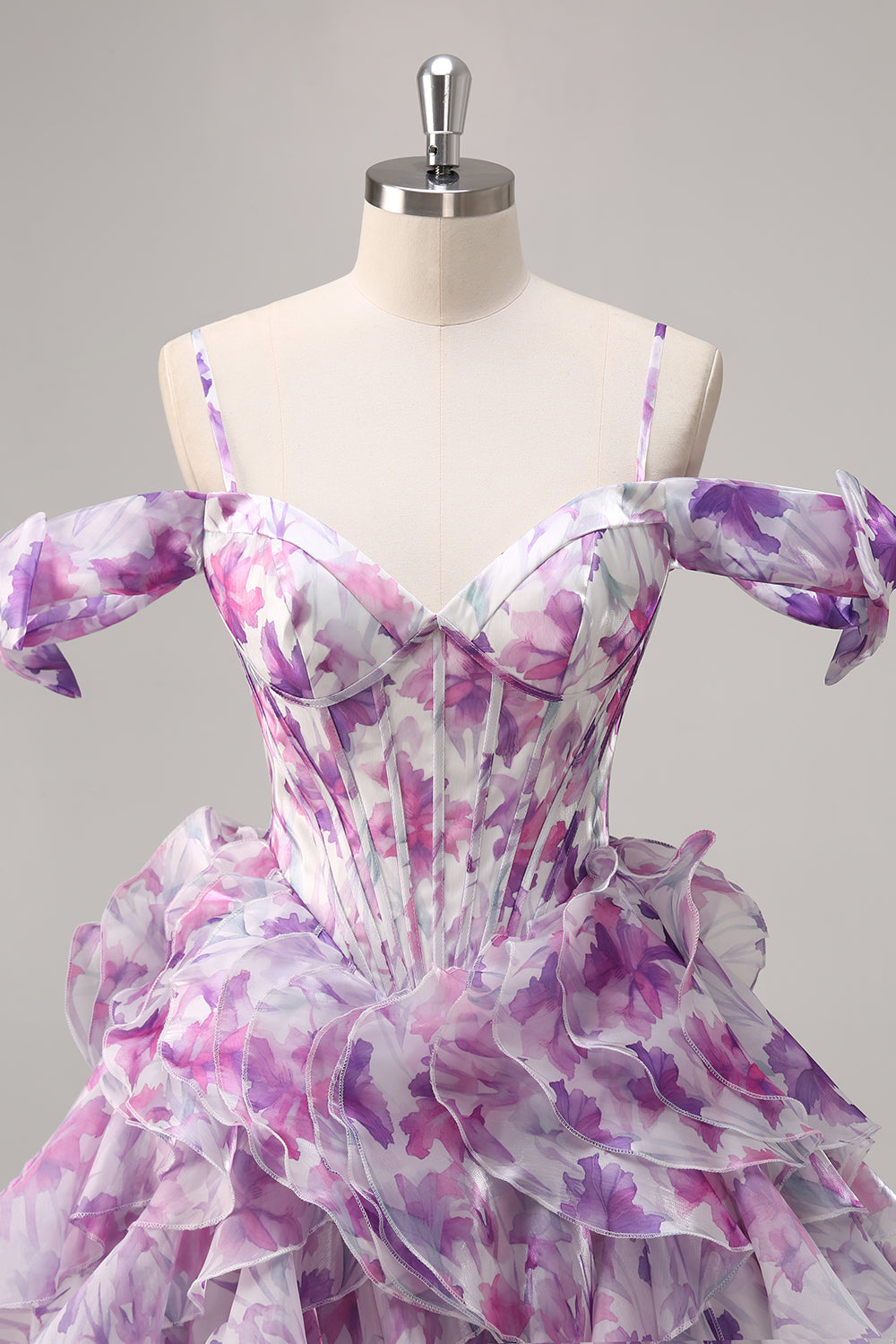 Purple Floral Chiffon Cold Shoulder Ruffled Corset Short Homecoming Dress