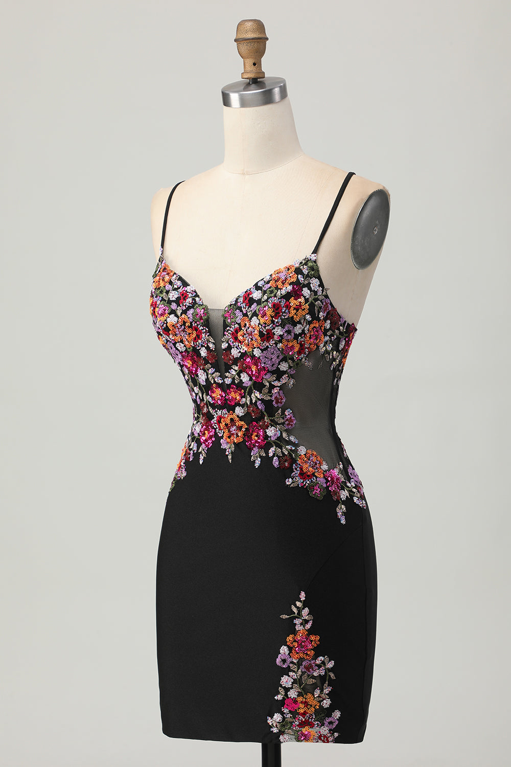 Sparkly Black Floral Tight Spaghetti Straps Short Corset Homecoming Dress