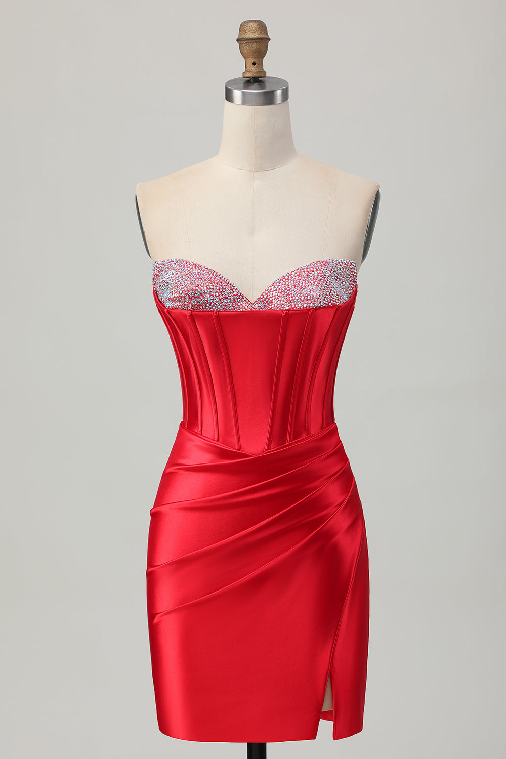 Sparkly Red Satin Sweetheart Beaded Short Corset Homecoming Dress with Slit
