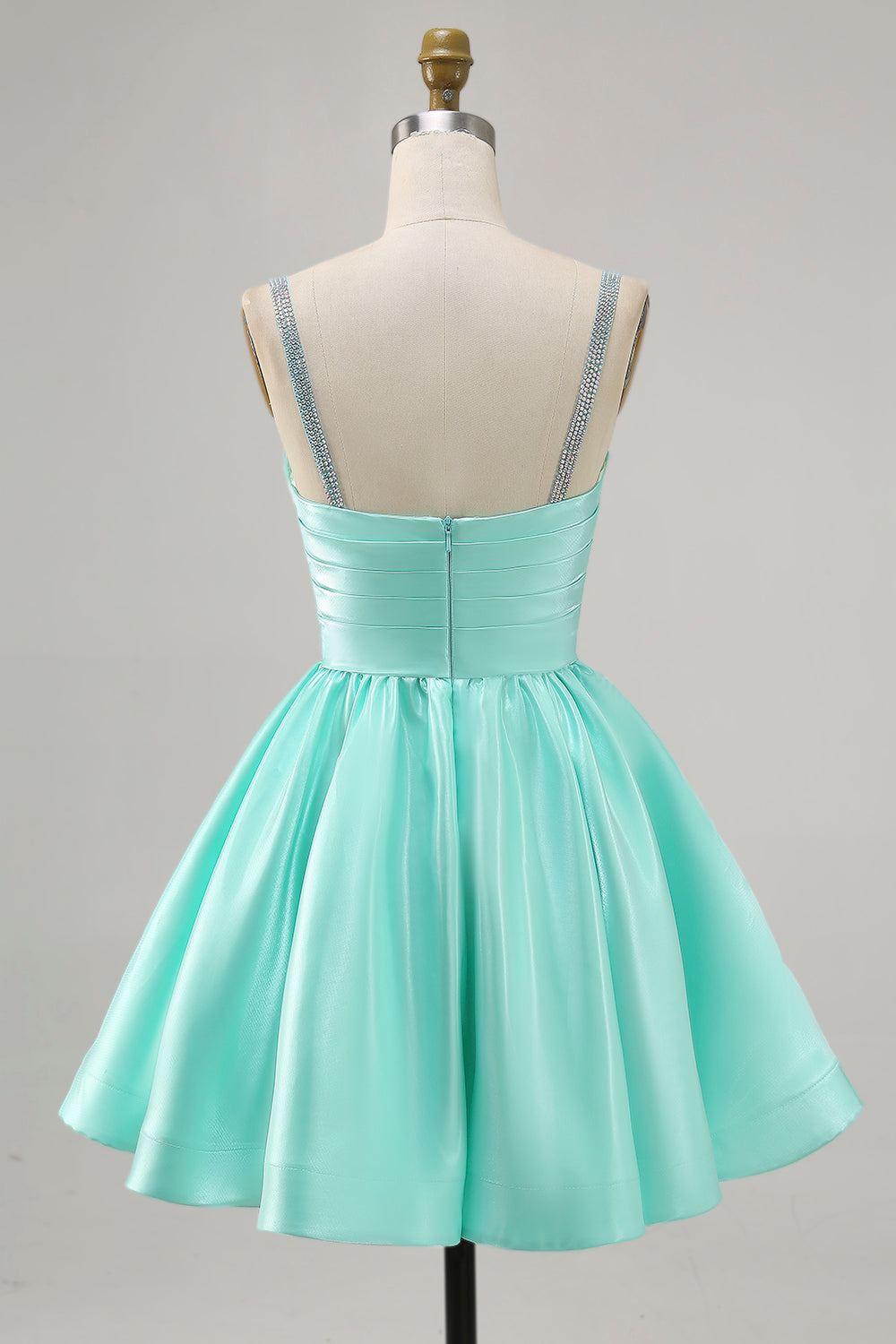 Sparkly Mint Green Satin Ruched Short Homecoming Dress with Beading