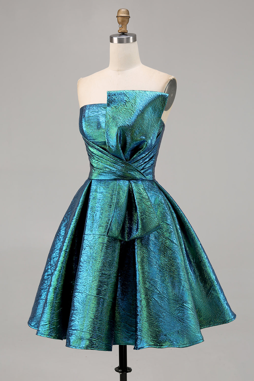 Peacock Green Strapless Metallic Short Homecoming Dress