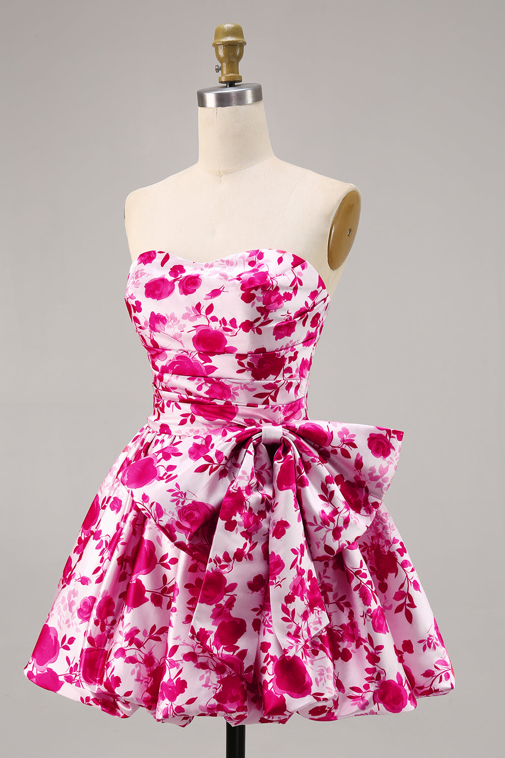 Fuchsia Strapless A Line Short Floral Homecoming Dress with Bow