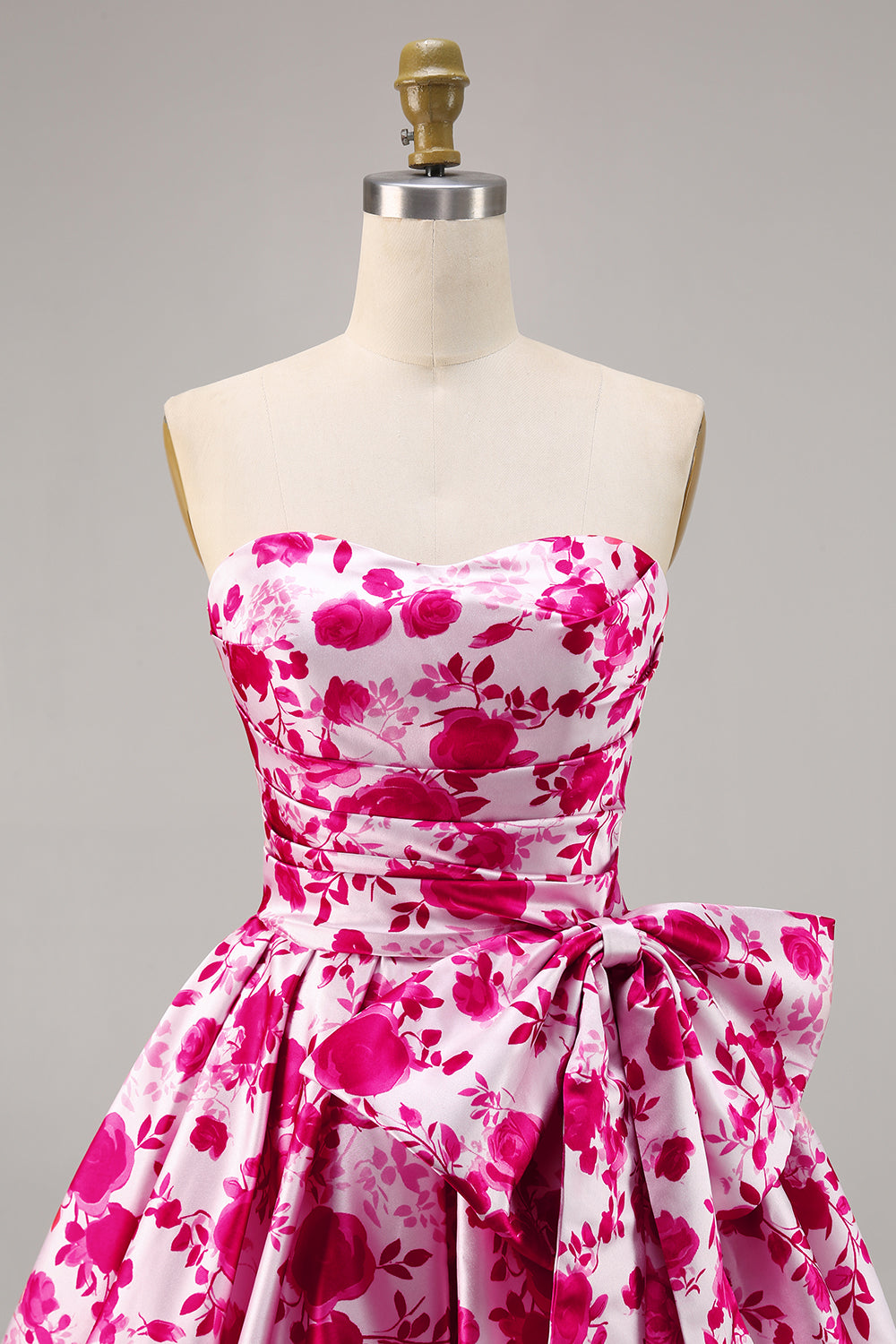 Fuchsia Strapless A Line Short Floral Homecoming Dress with Bow