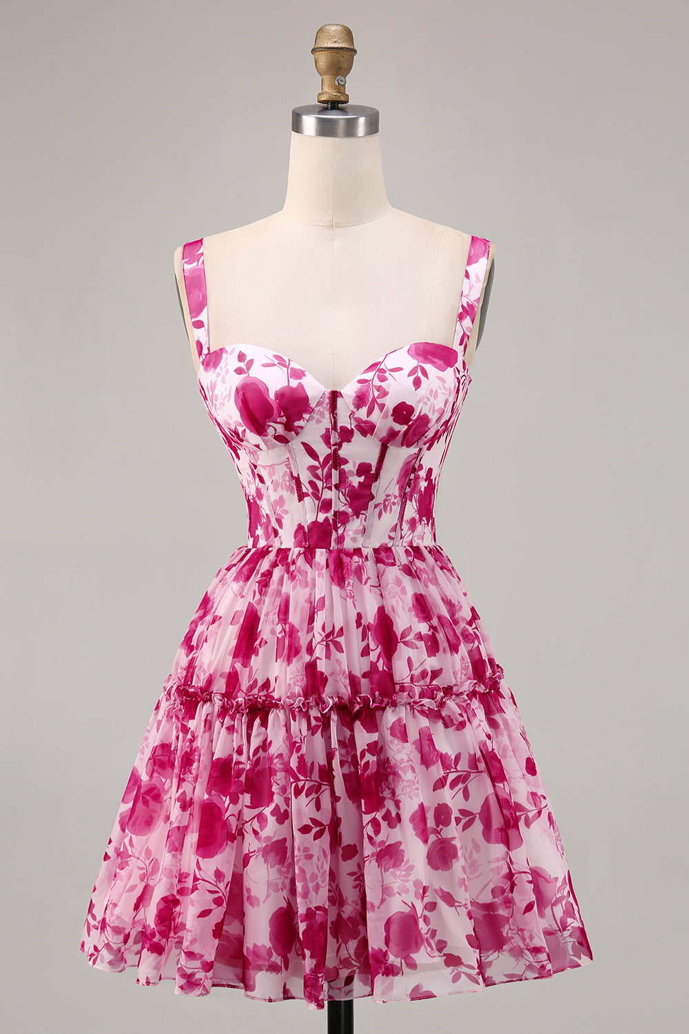 Fuchsia Corset A Line Chiffon Short Floral Homecoming Dress
