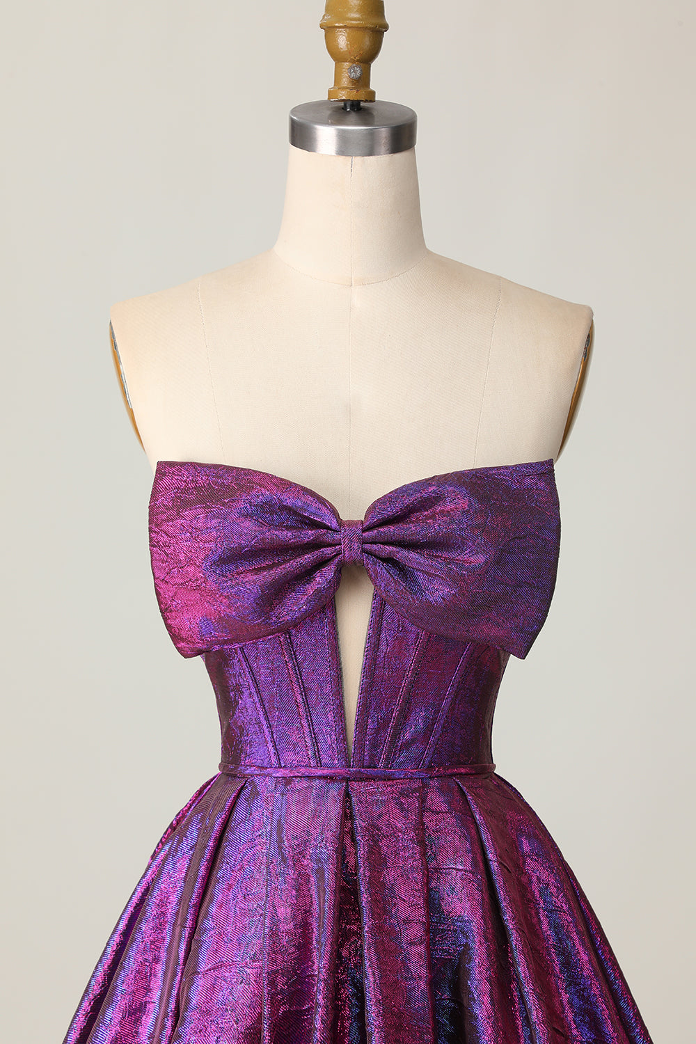 Dark Purple Corset Metallic Strapless Short Homecoming Dress with Bow