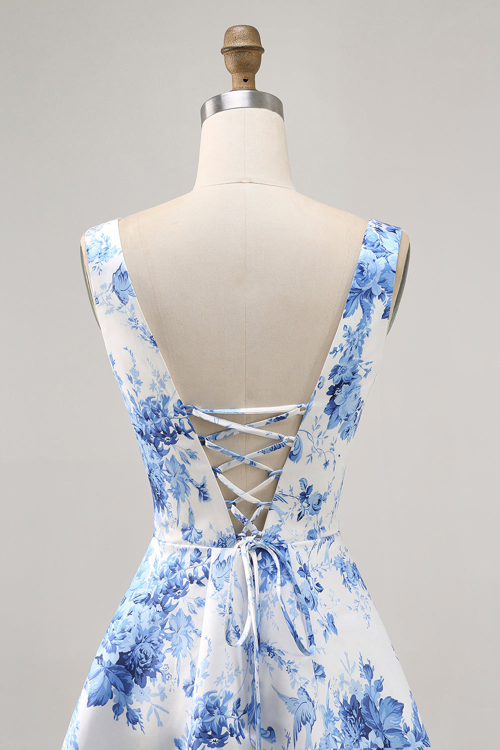 White and Blue Floral Scoop Neck A Line Short Homecoming Dress