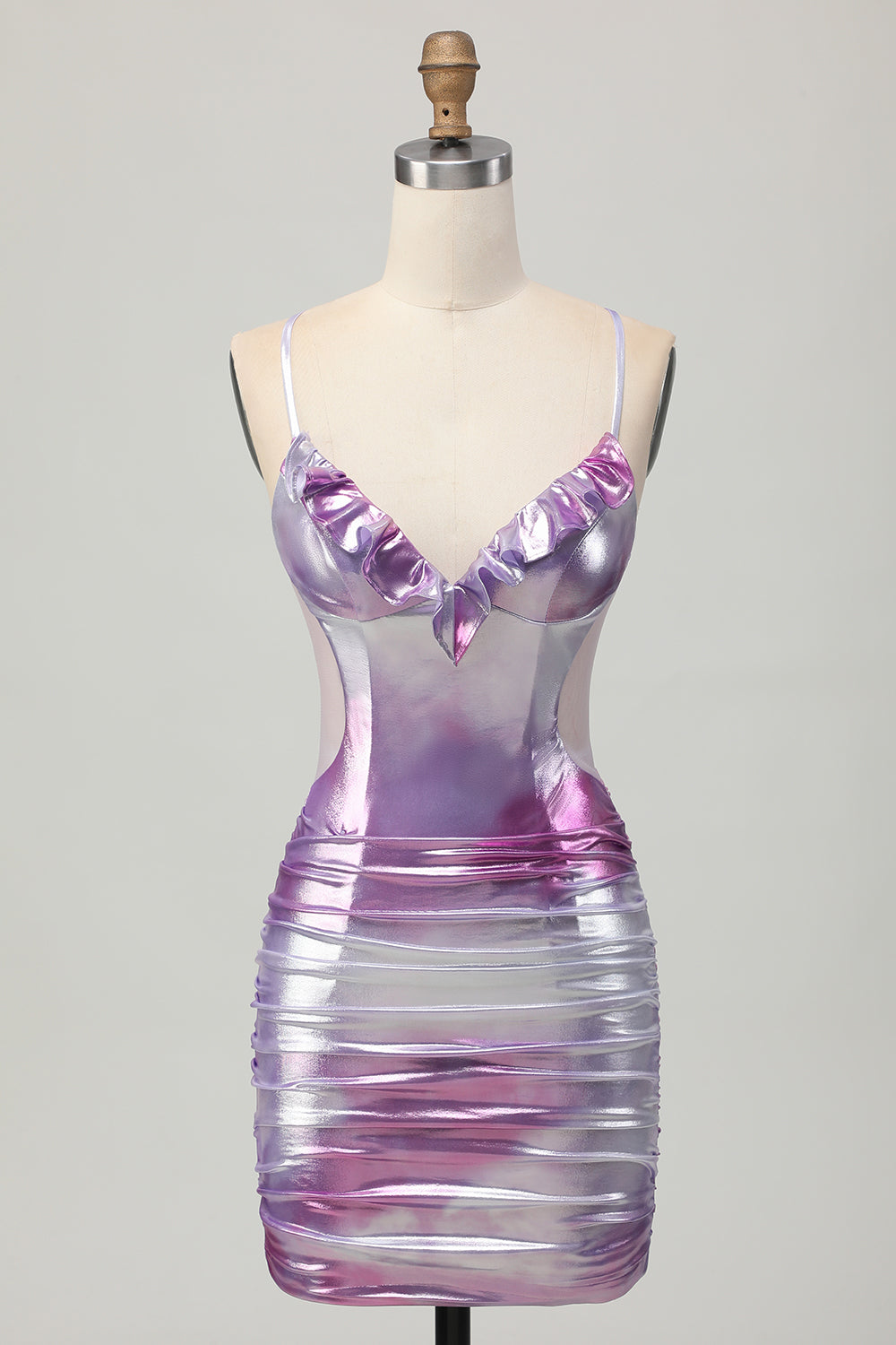 Silver Purple Metallic Tight Spaghetti Straps Short Homecoming Dress