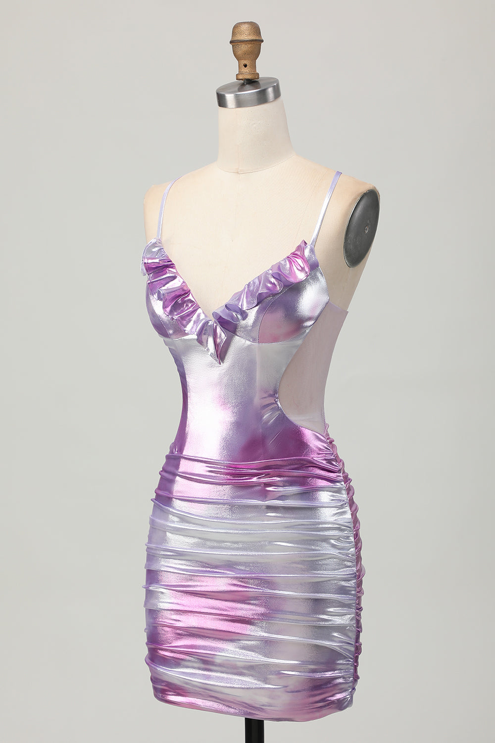 Silver Purple Metallic Tight Spaghetti Straps Short Homecoming Dress
