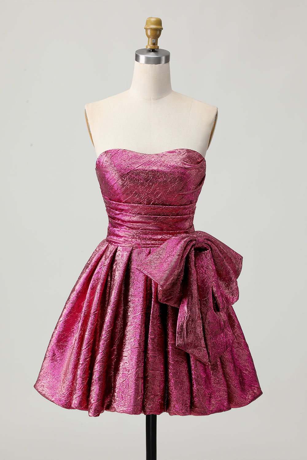 Dark Purple A Line Strapless Short Metallic Homecoming Dress with Bow