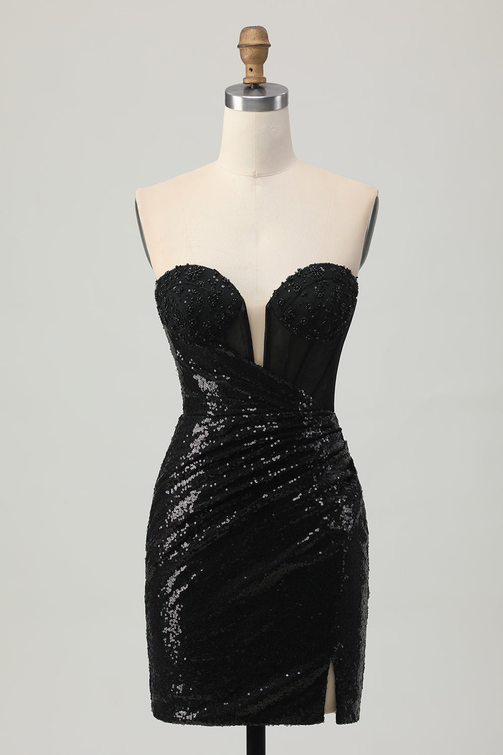 Sparkly Black Sequins Sweetheart Ruched Tight Short Corset Homecoming Dress