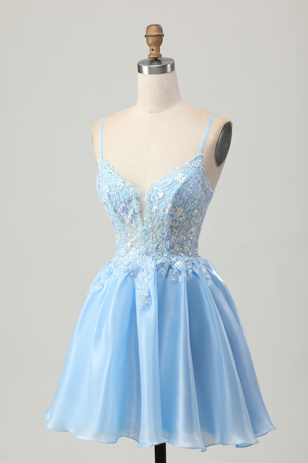 Sparkly Blue Organza A Line Short Corset Homecoming Dress with Lace