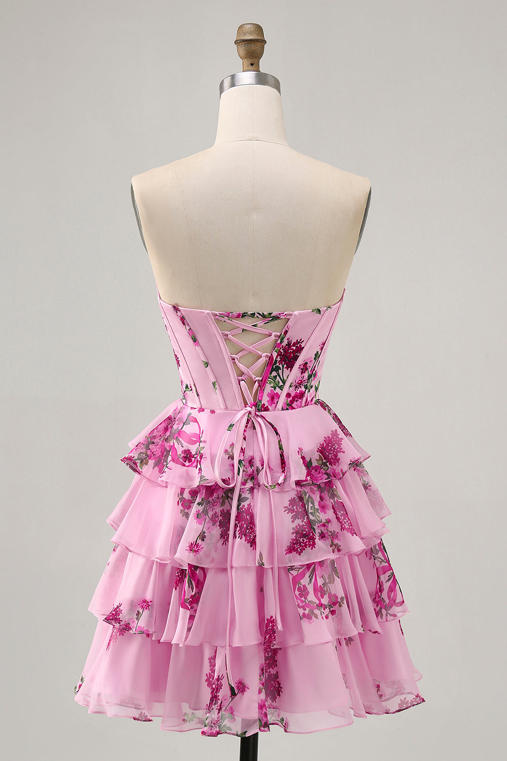 Pink Floral Sweetheart Tiered Short Corset Homecoming Dress with Ruffles