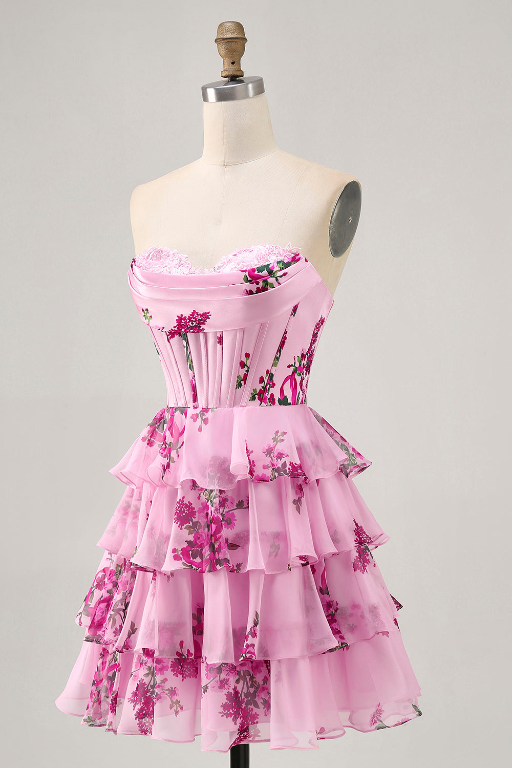 Pink Floral Sweetheart Tiered Short Corset Homecoming Dress with Ruffles