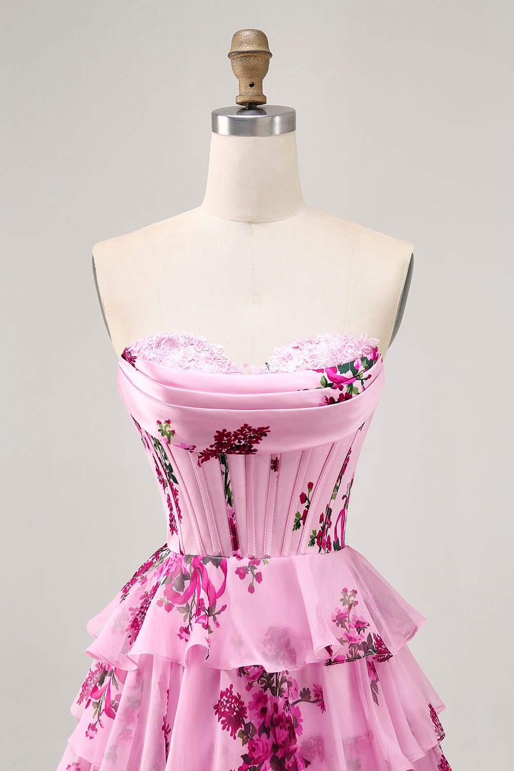 Pink Floral Sweetheart Tiered Short Corset Homecoming Dress with Ruffles