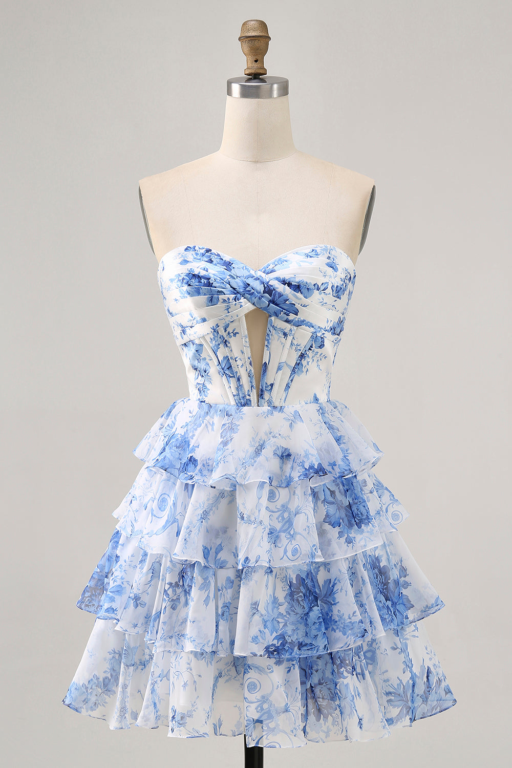White and Blue Floral Ruffled Tiered Short Corset Homecoming Dress with Keyhole