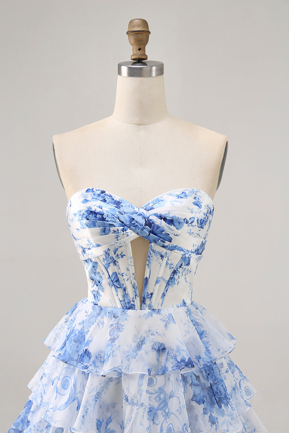 White and Blue Floral Ruffled Tiered Short Corset Homecoming Dress with Keyhole