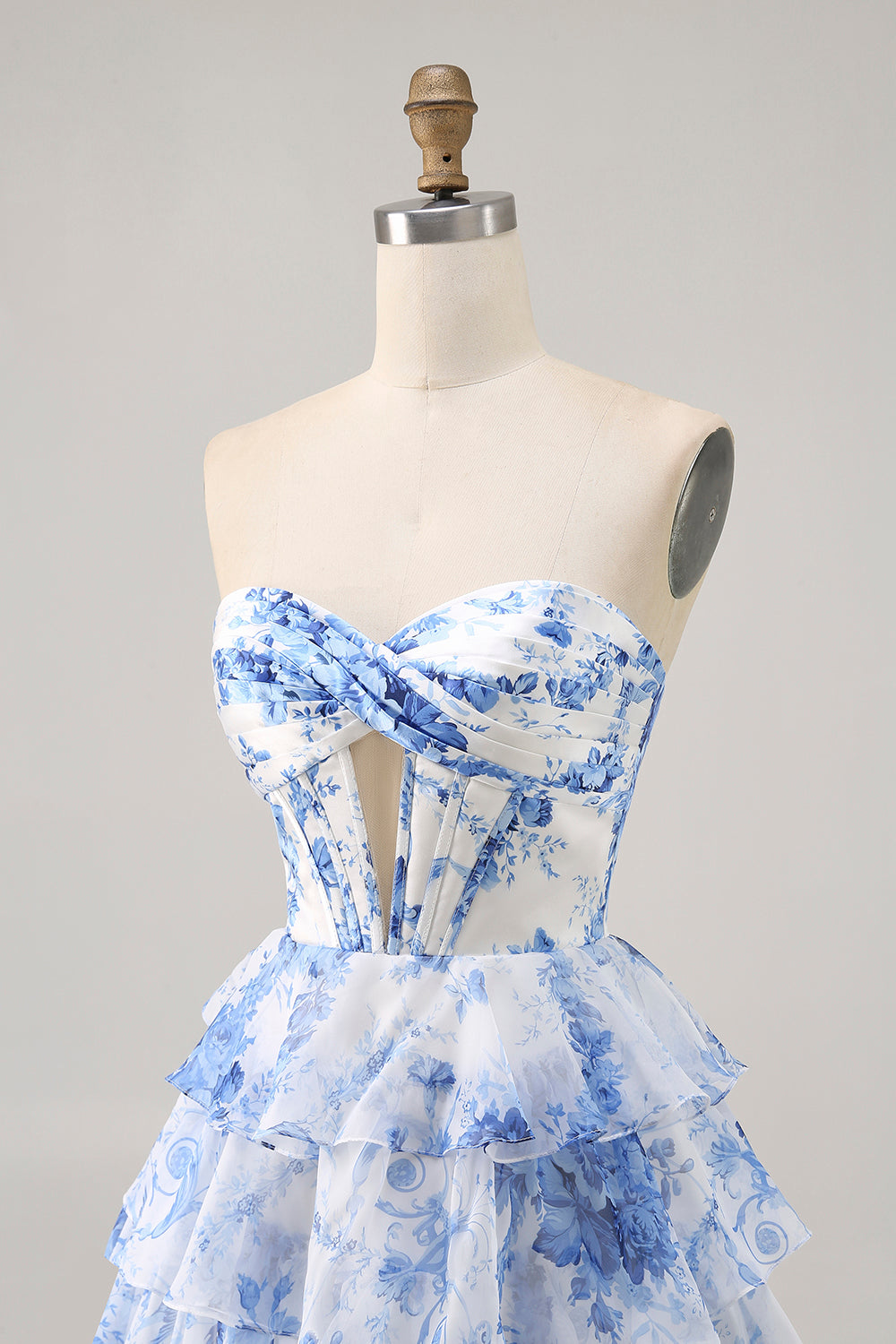 White and Blue Floral Ruffled Tiered Short Corset Homecoming Dress with Keyhole