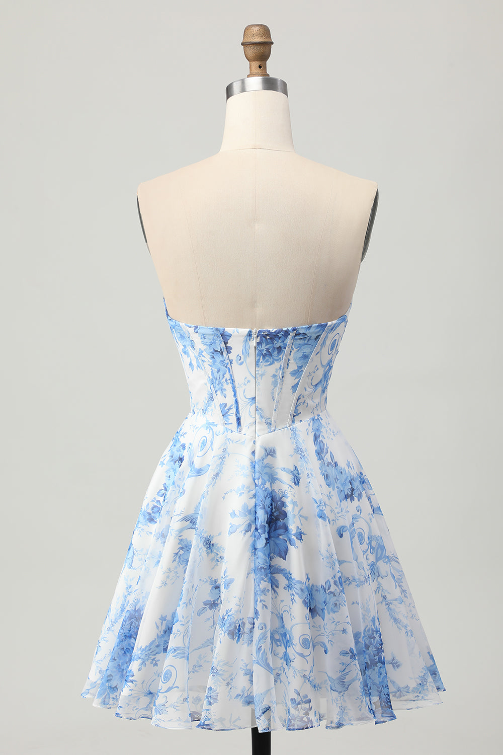 Sweetheart White Blue Floral A Line Short Corset Homecoming Dress