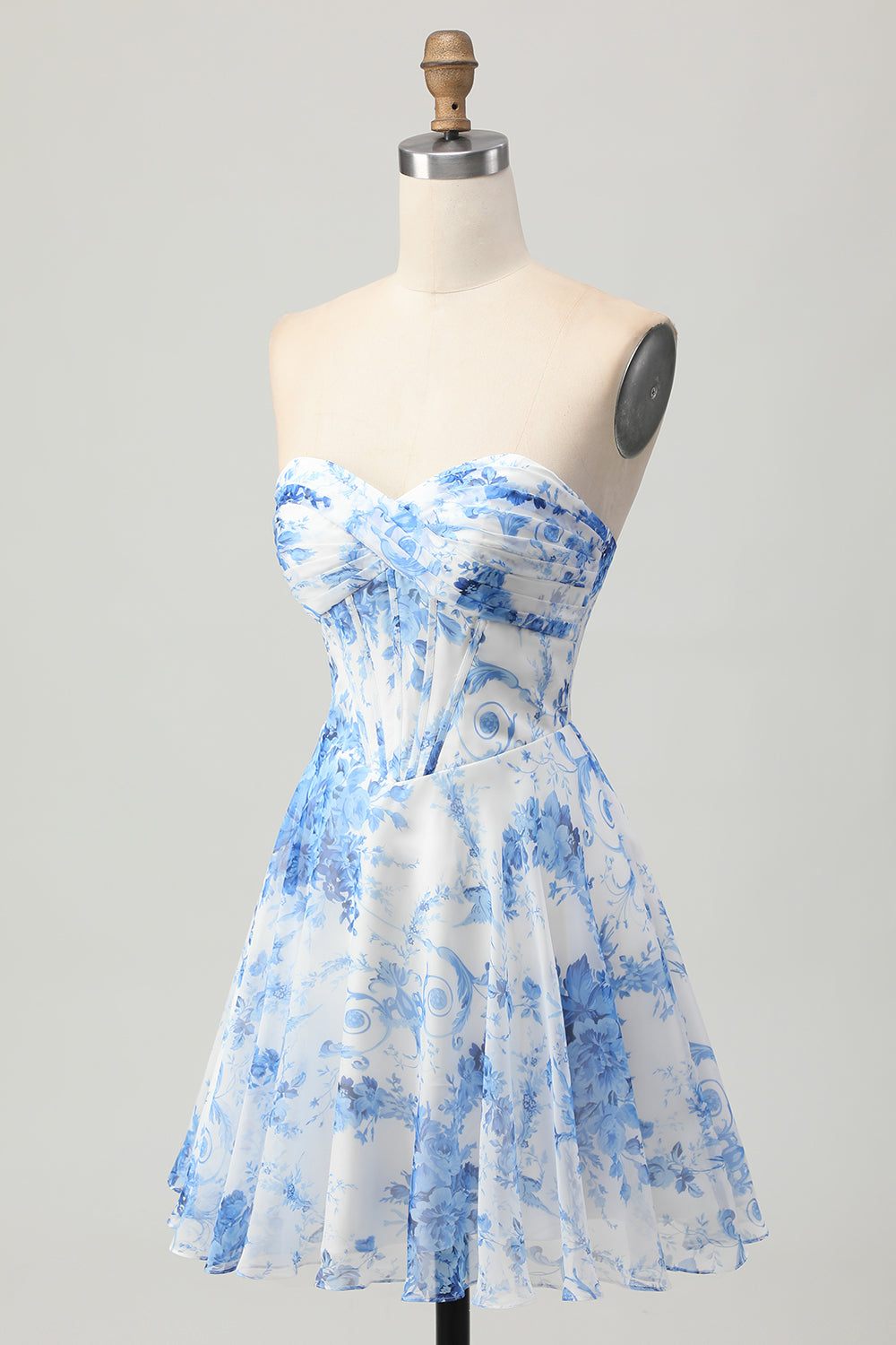 Sweetheart White Blue Floral A Line Short Corset Homecoming Dress