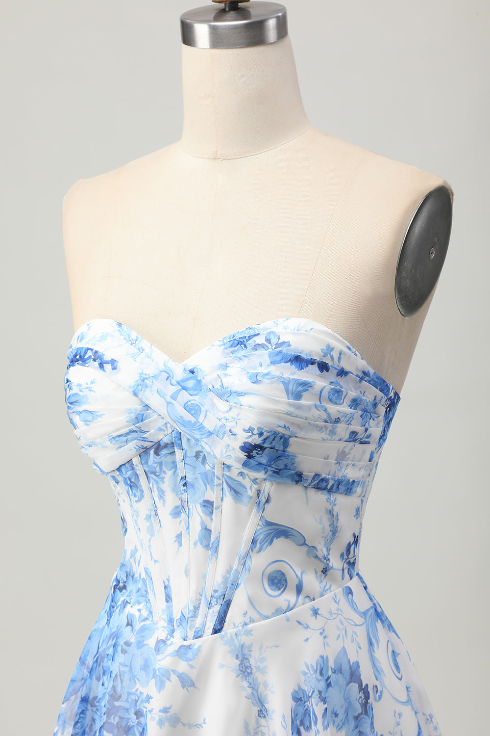 Sweetheart White Blue Floral A Line Short Corset Homecoming Dress