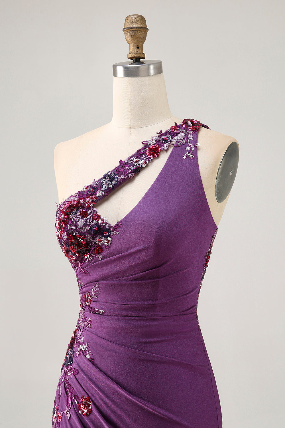 Sparkly Dark Purple Floral One Shoulder Short Tight Homecoming Dress