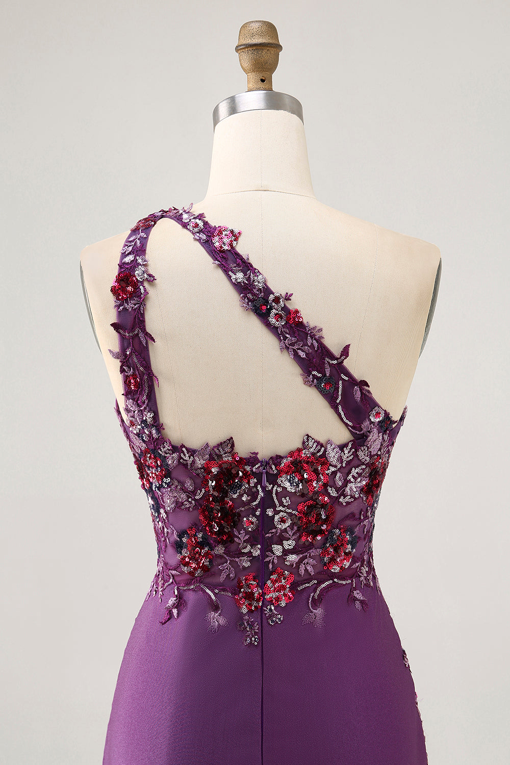 Sparkly Dark Purple Floral One Shoulder Short Tight Homecoming Dress
