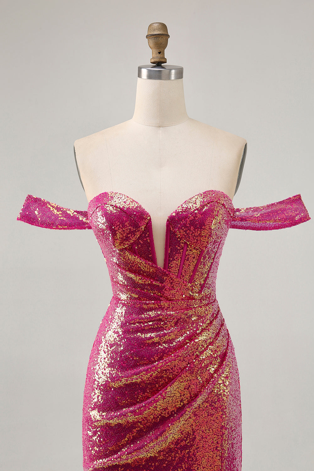 Sparkly Fuchsia Sequin Tight Ruched Short Corset Homecoming Dress with Slit