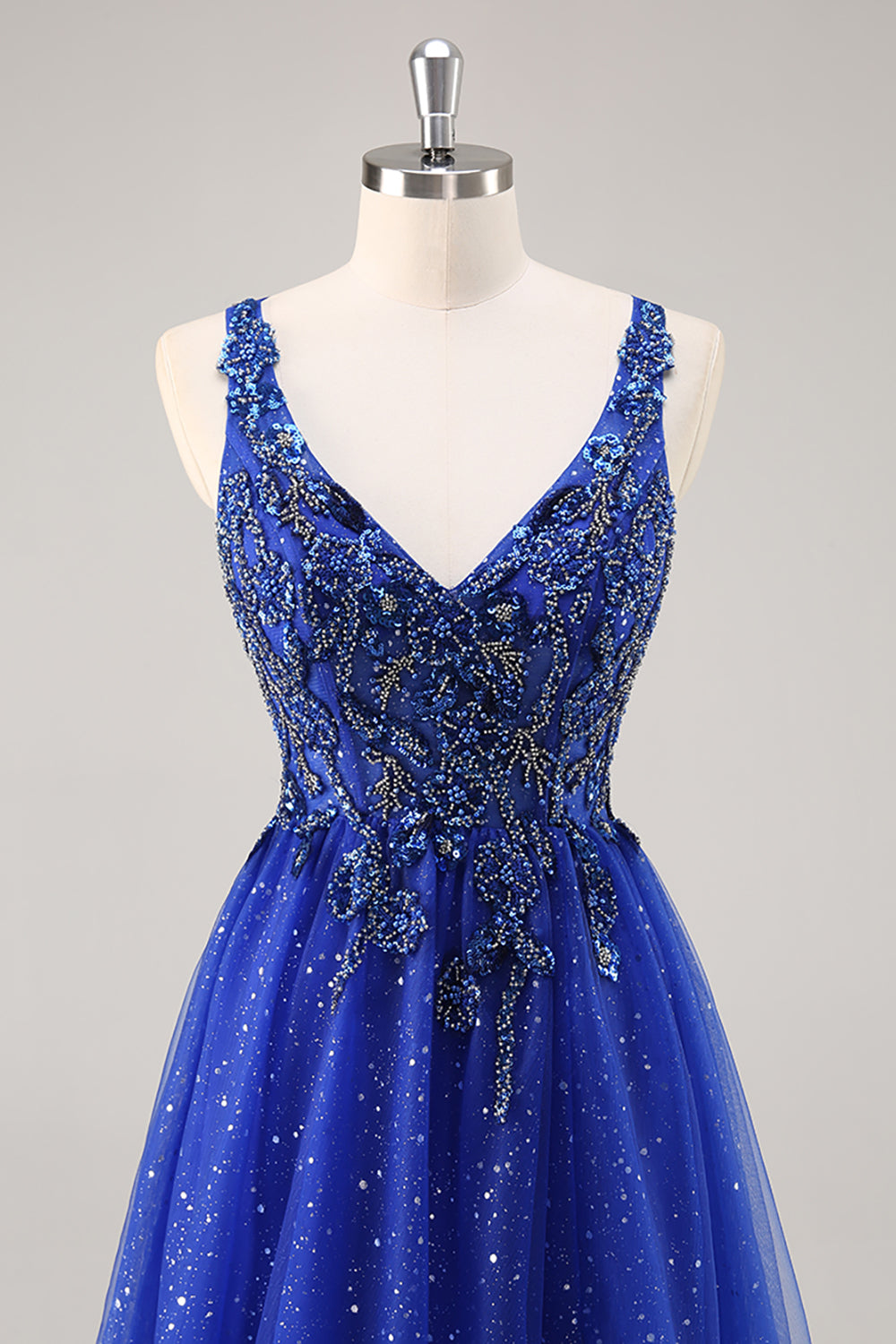 Sparkly Royal Blue Corset Beaded V-Neck Long Prom Dress with Slit