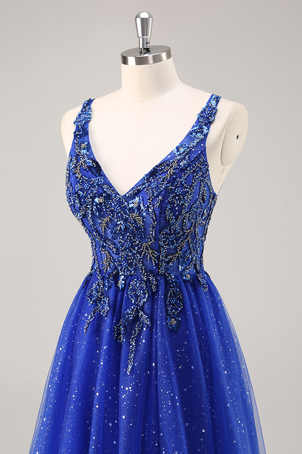 Sparkly Royal Blue Corset Beaded V-Neck Long Prom Dress with Slit
