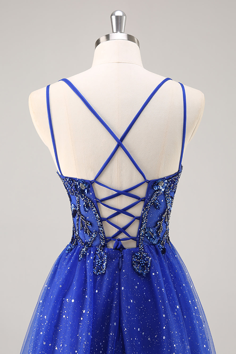 Sparkly Royal Blue Corset Beaded V-Neck Long Prom Dress with Slit
