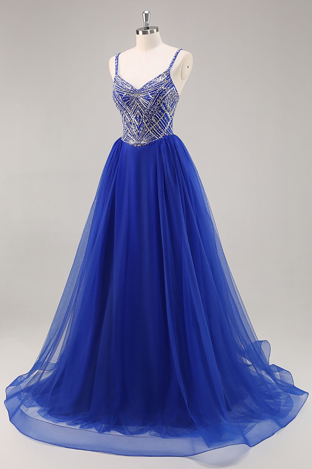 Sparkly Royal Blue Tulle Spaghetti Straps Beaded Long Prom Dress