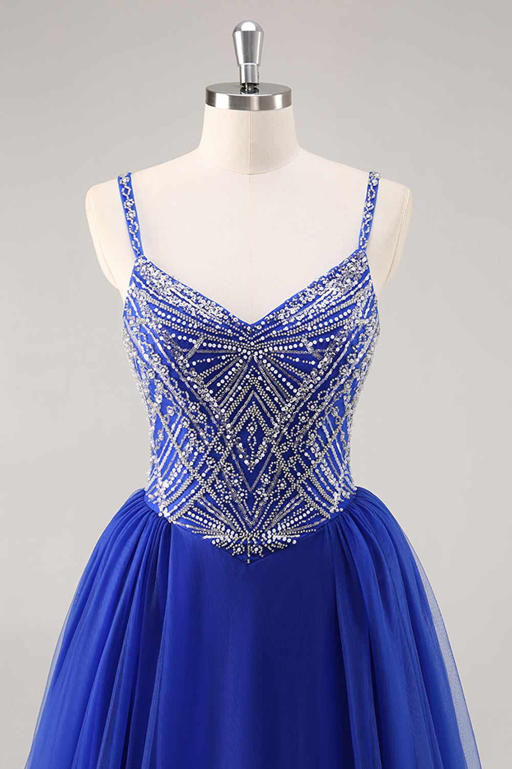 Sparkly Royal Blue Tulle Spaghetti Straps Beaded Long Prom Dress