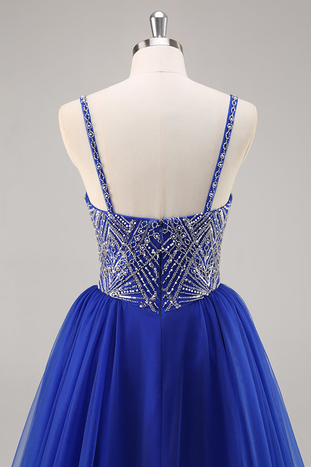 Sparkly Royal Blue Tulle Spaghetti Straps Beaded Long Prom Dress
