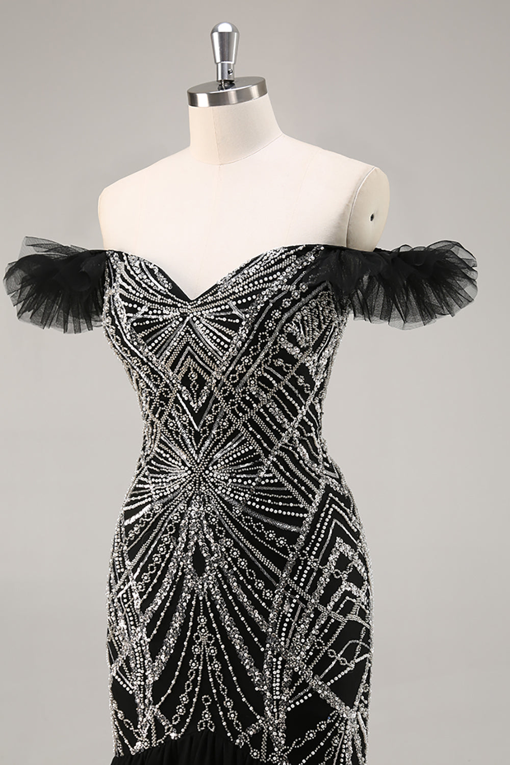 Sparkly Black Off the Shoulder Mermaid Long Prom Dress with Beading