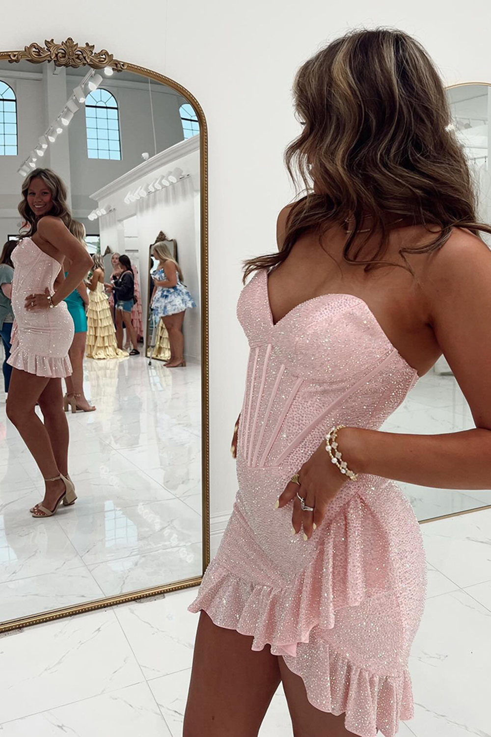 Sparkly Royal Blue Corset Ruffled Beaded Short Tight Homecoming Dress