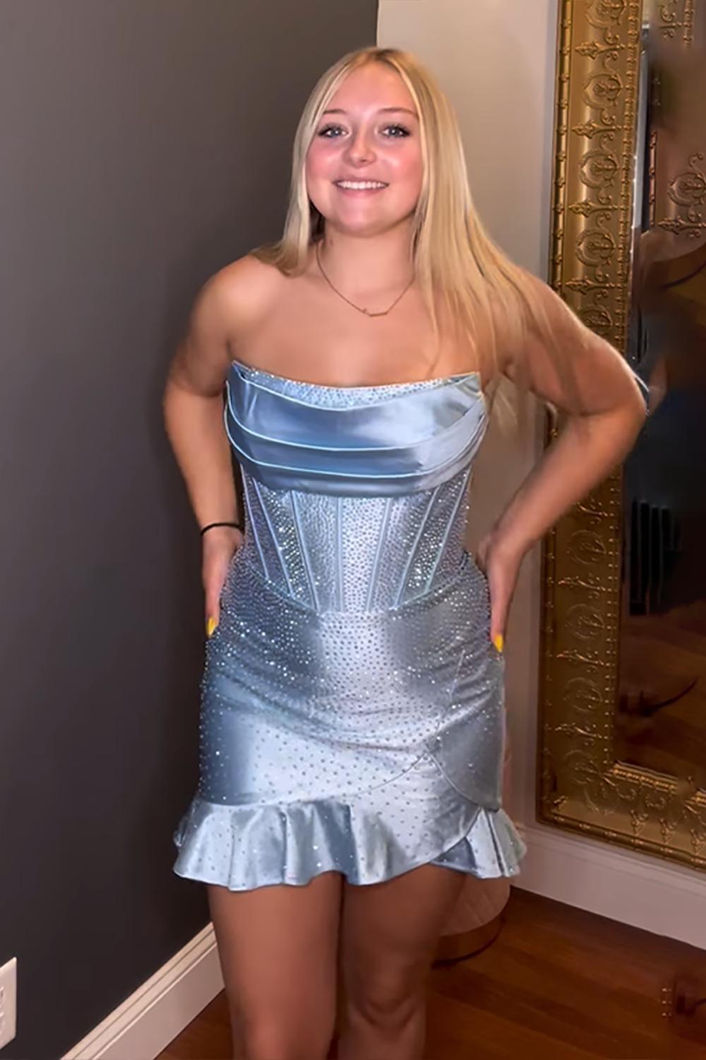 Sparkly Royal Blue Beaded Corset Ruffled Short Tight Homecoming Dress