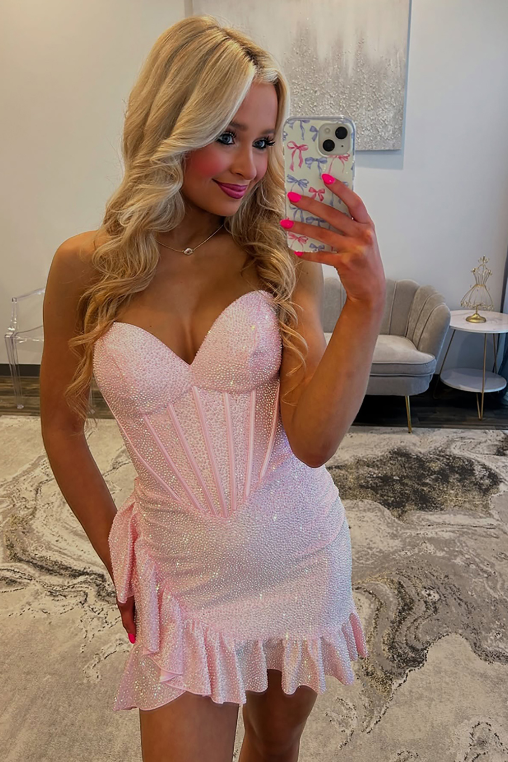 Sparkly Pink Beaded Corset Ruffled Short Tight Homecoming Dress