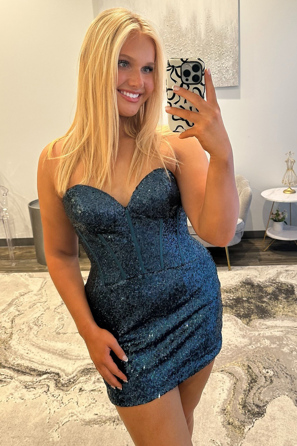 Sparkly Dark Blue Sequins Corset Tight Sweetheart Short Homecoming Dress