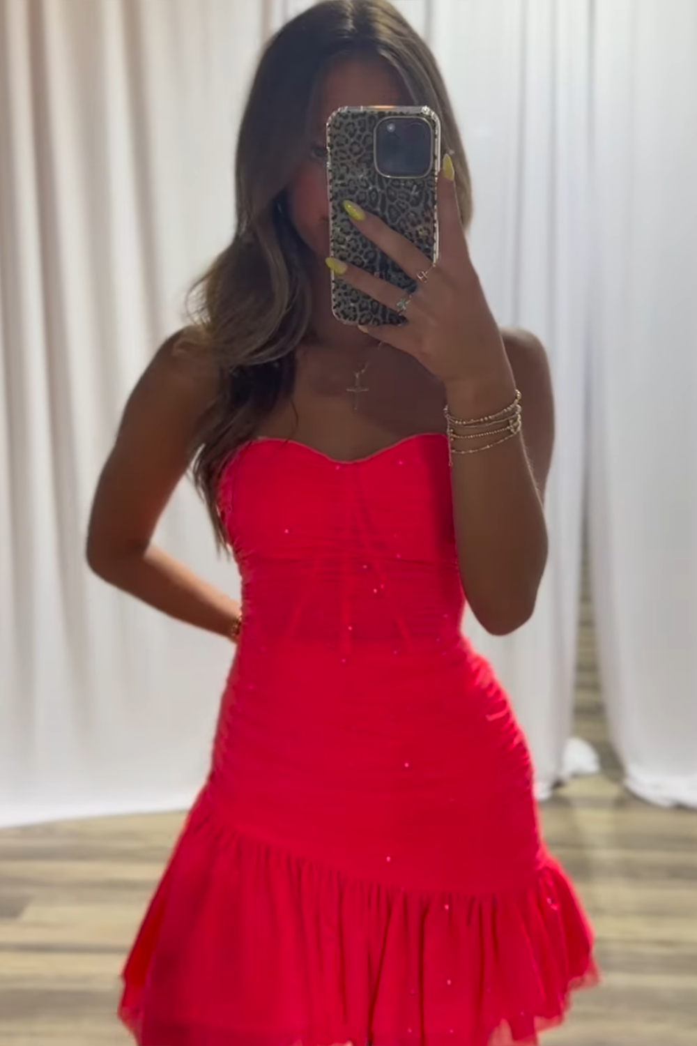Sparkly Coral Tight Ruffled Corset Short Homecoming Dress with Rhinestone