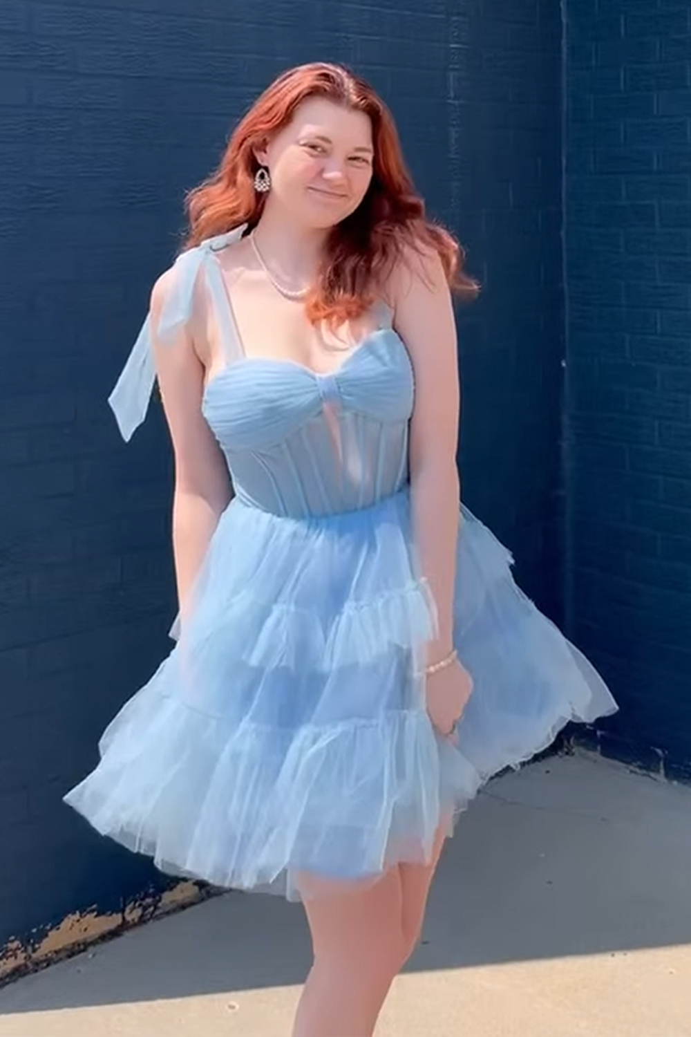 Grey Blue Tulle Corset A Line Short Homecoming Dress with Ruffles