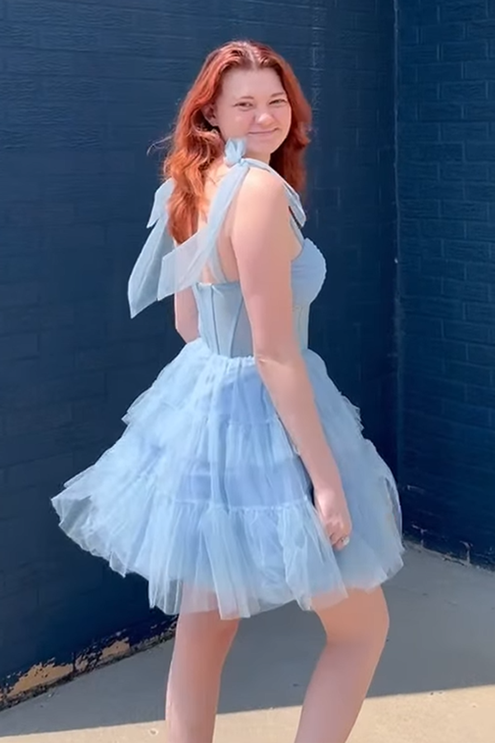 Grey Blue Tulle Corset A Line Short Homecoming Dress with Ruffles