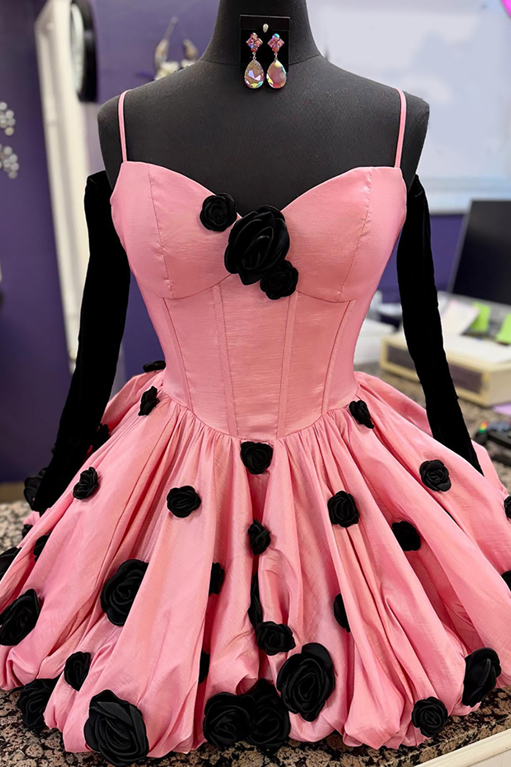 Pink Satin A Line Corset Short Homecoming Dress with 3D Flowers