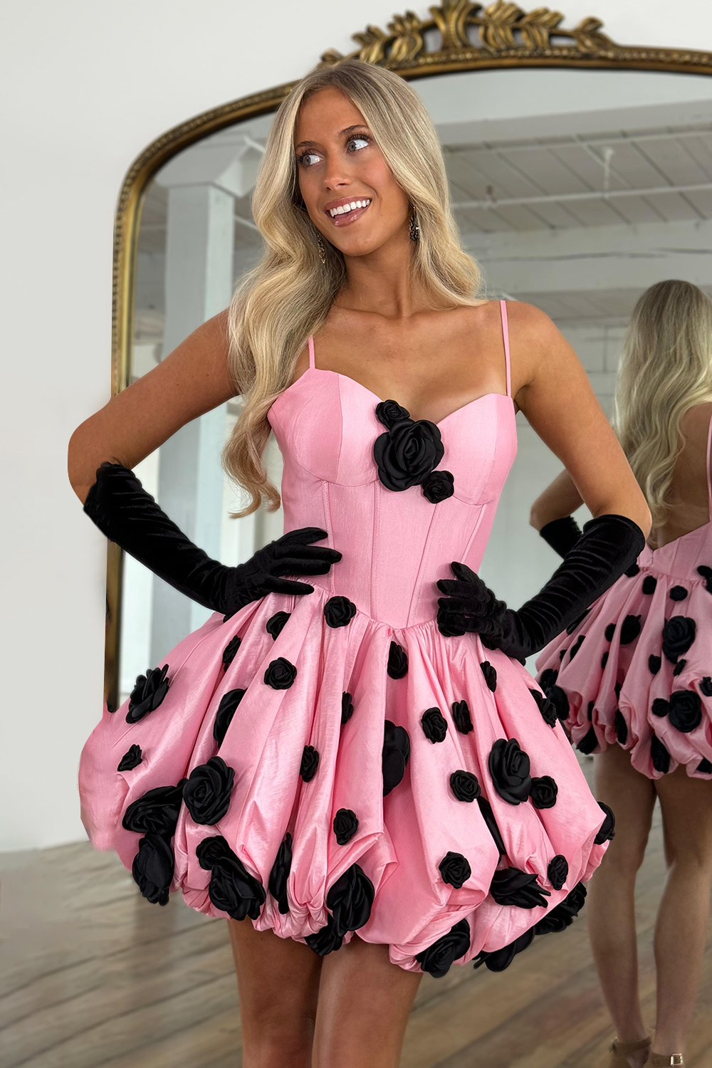 Pink Satin A Line Corset Short Homecoming Dress with 3D Flowers