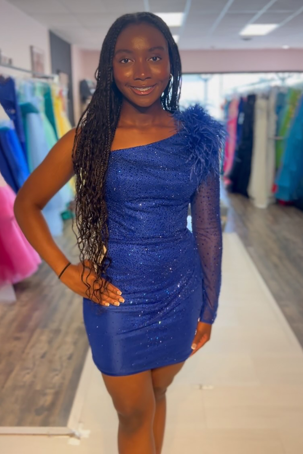 Sparkly Royal Blue Tight One Shoulder Short Homecoming Dress with Feathers