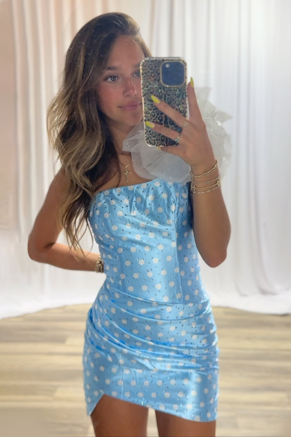 Blue White Dots One Shoulder Tight Short Homecoming Dress