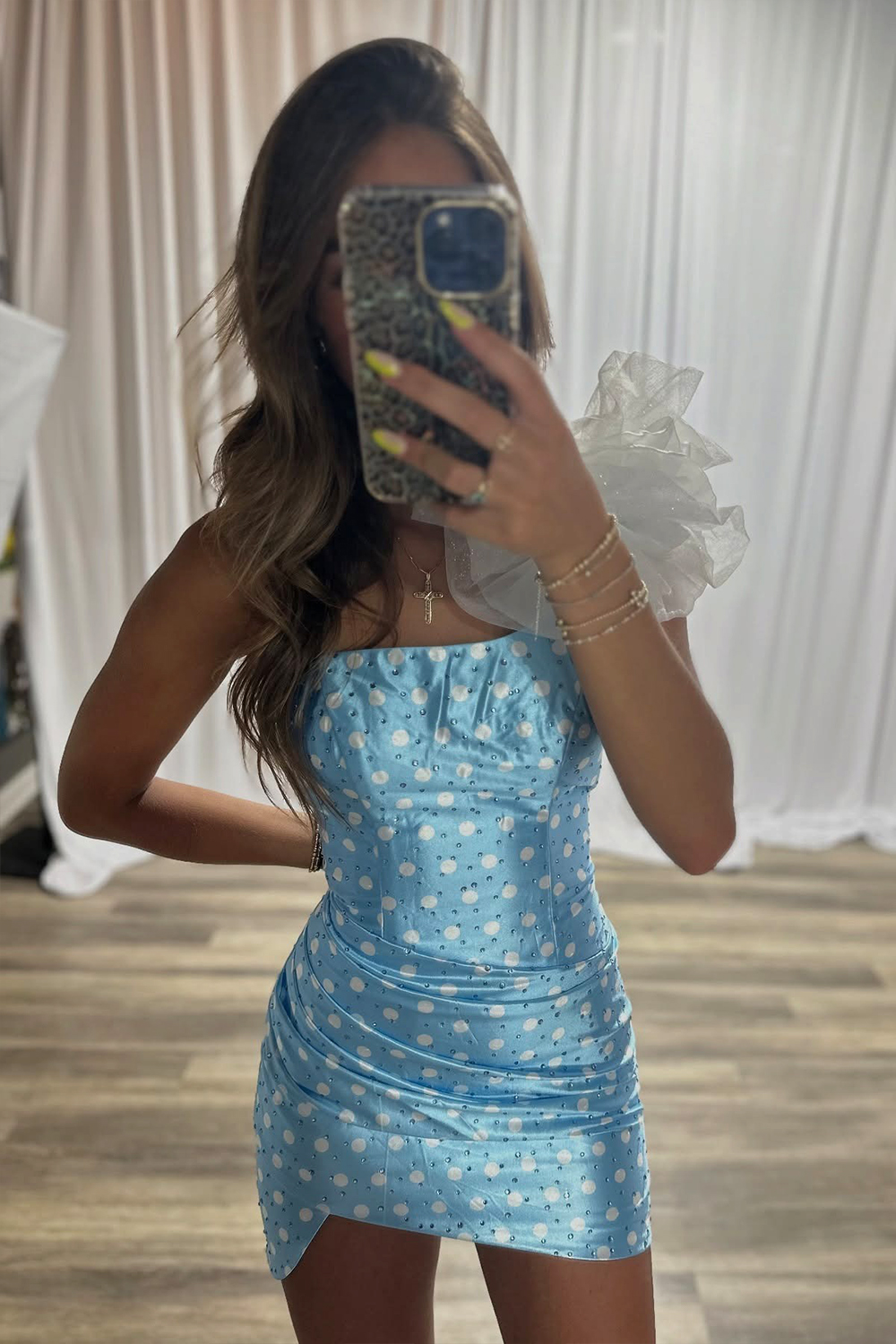 Blue White Dots One Shoulder Tight Short Homecoming Dress